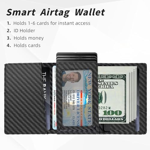 AirTag Wallet for Men,Smart Mens Minimalist Wallet Compatible with Apple Air Tag, RFID Blocking Pop Up Card Holder Wallet Holds 14 Cards with Cash Slot, ID Window, Gift for Men, Carbon Fiber Black2