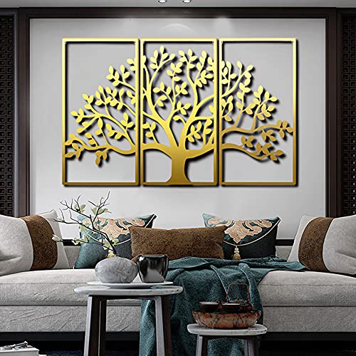 Golden Metal Wall Art, Tree Of Life 3 Pieces, Metal Tree Wall Decor, Wrought Iron Wall Sculpture, Interior Home Decoration, 3 Panels Wall Hangings,60"X39" (153X99Cm) #TOP7