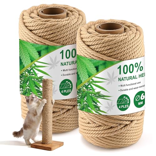 Foymlon 2 Pièces Corde Arbre à Chat, 6mm × 50m Corde Sisal Arbre à Chat, Corde Chanvre Convient pour DIY Cat Scratch Post, Gratter Le Sol, L'artisanat et...
