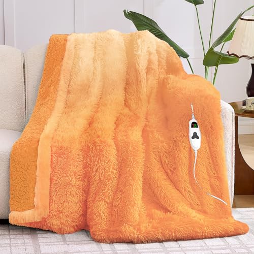 RUJIPO Heated Electric Blanket Throw–Faux Fur with Soft Thick Sherpa,Warm Winter Birthday Gifts for Women Grandma，10 Heat Settings,5 Time Settings with Fast Heating, 50x60, Cocoa Brown