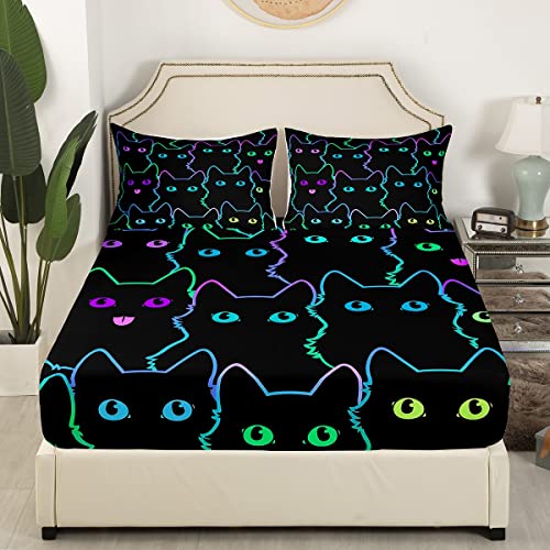 Cartoon Cat Print Bedding Sheet For Girls Boys Children Pet Cats Fitted Sheet Cute Kitten Neon Light Bed Sheet Set Room Decor Colorful 3D Animal Theme Cat Lover's Comforter Cover Twin Size 2Pcs #TOP1