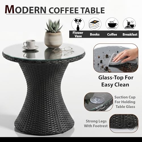 Image of OUTLIVING Outdoor Two Seater Rattan & Wicker Conversation Mudda Set | UV & Water Resistant Patio & Garden Furniture Set with 2 Cushioned Chairs & Glass Top Center Table | Black & White