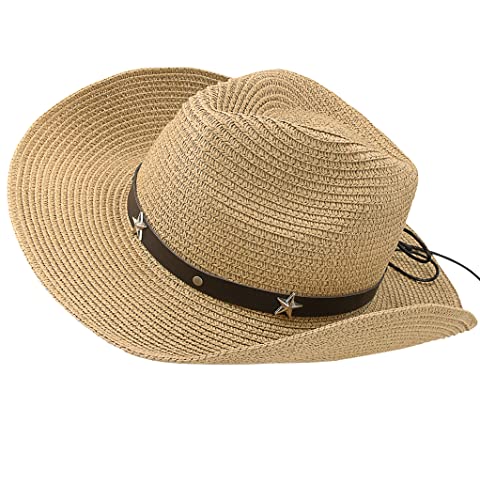 Straw Cowboy Hat For Womens Beach Sun Straw Fedora Cap With Chin Strap Cowgirls Straw Sun Hat For M/L (57Cm Adjustable For Medium/Large, Straw Khaki With Stars Rivet Belt)… #TOP4