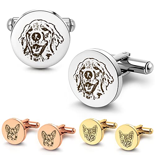 Anavia Pet Portrait & Handwriting Cufflinks Tie Clip Gift Box Set, Personalized Sketch Style Photo Engraving Men's Jewelry Accessories for Father Dad Brother Boyfriend Husband Wedding Birthday Gift (Cufflinks, Silver Plated)