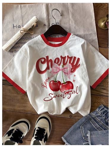 Girl's 3 Packs Cute Cherry Bowknot Graphic Tees Short Sleeve Crew Neck Summer Kawaii Tops3