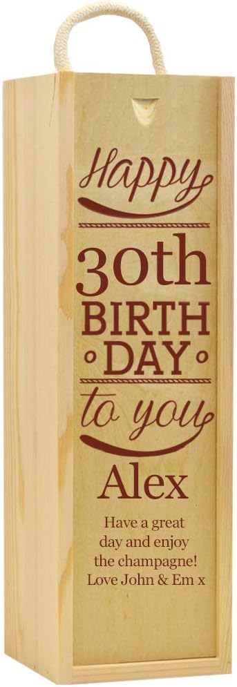 Personalised Wooden Champagne Box Engraved Gift Birthday Printed Age Name Rustic Rope Handle Lid