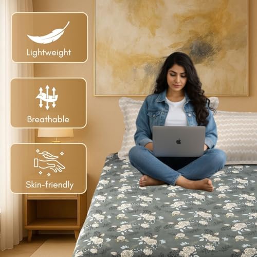 Image of Mafatlal Luxe Lilac 140 GSM Queen Size BedSheets with 2 Pillow Cover Perfect for Double Bed, 90x100 Inch - Grey, Soft, Lightweight & Long-Lasting