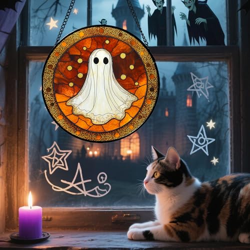 Image of Stained Glass Window Hanging - Halloween Decorations White Ghost Suncatcher for Doors Garden Indoor Spooky Funny Orange Sun Catchers Gothic Decor Horror Gifts for Women Men Friend 9.8 in