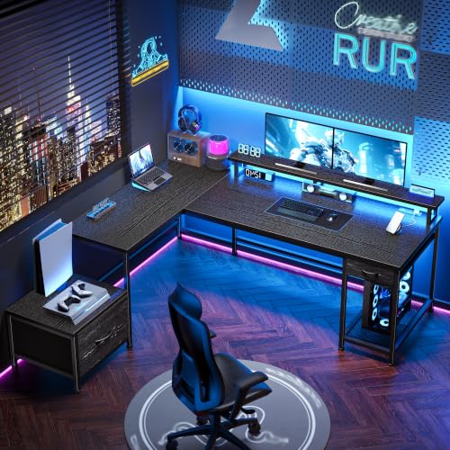Image of DurayLoly 63 inch Reversible L Shaped Desk with Power Outlets &Led,Bedroom | Large Computer Desk with Monitor Stand,2 Fabric Drawer and Storage Shelves,Corner Desk,Gaming, Work, Home Office