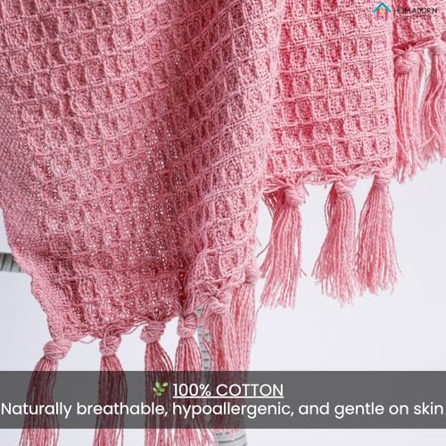 Image of HOMADORN Waffle Weave Cotton Throw Blanket - Lightweight, Breathable & Cozy for Sofa or Bed (100% Cotton)(50X60 Inches) Pink