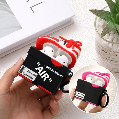 Image of [2Pack] Gedicht for Apple Airpods 2nd Generation Case Cover, Cute Cartoon Shoe Box Soft Silicone Protective Cases for AirPods 1&2 Case with Keychain for Women Men, Red+Rrose Red