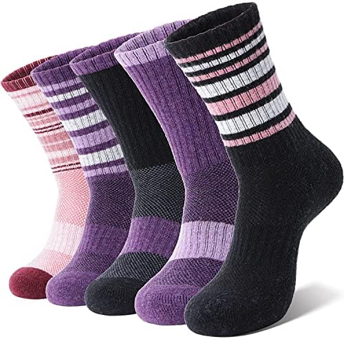 Anlisim Merino Wool Socks for Women Hiking Thermal Warm Winter Boot Work Crew Cushion Ladies Socks 5 Pairs Gift(Purple/Black/Red)