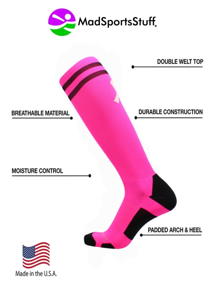 MadSportsStuff Pink Ribbon Breast Cancer Awareness Socks with Stripes for Baseball Softball Football Boys Girls Youth Adult3