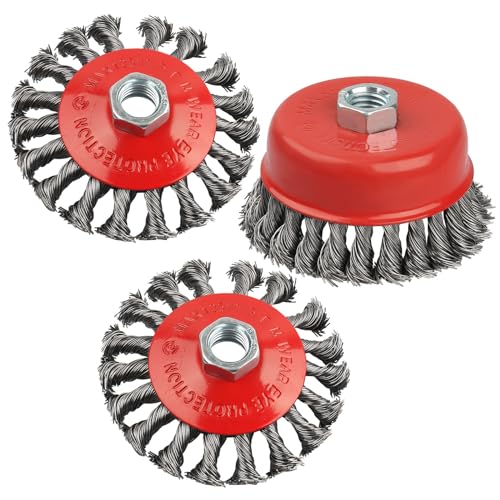 Alffun 4' Wire Wheel Cup Brush for Angle Grinder, 3 Pack Coarse Twisted Knotted Wire Wheel for 4 1/2 Angle Grinder, 5/8 Inch-11 Threaded Arbor for Heavy Cleaning Rust, Stripping and Abrasive