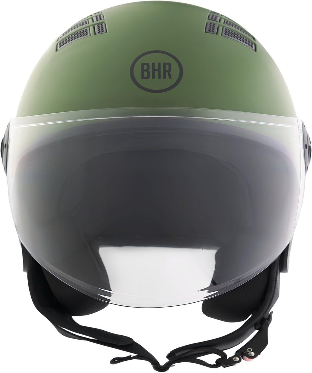 BHR Casco Demi-Jet 834 FLOW - Casco Scooter Estivo Omologato ECE 22.06 con 16 Fori di Aerazione - Visiera Antigraffio e Sgancio Micrometrico, Verde Opaco, L