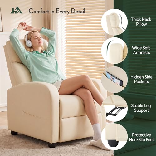 Image of Recliner Chair, Recliner Sofa Fabric for Adults, Recliners Home Theater Seating with Lumbar Support, Reclining Sofa Chair for Living Room, Beige