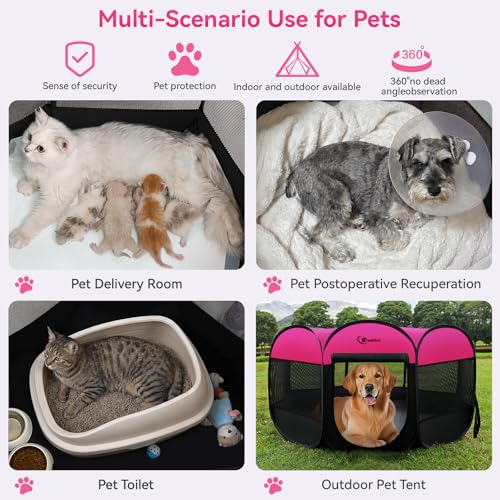 Image of Siedihit Dog Cat Playpen, Large Puppy Pet Playpen, Dog Crate Tent Cage Indoor /Outdoor, Portable Pop Up Dogs Kennel Playpen with Carrying Case for Dogs /Cats /Rabbits, Hot Pink