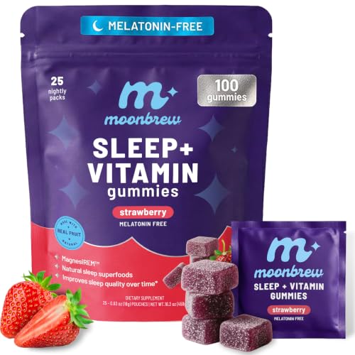 MoonBrew Strawberry Sleep + Vitamin Gummies - 8 Essential Vitamins & Minerals, Natural Magnesium Calming Aid, Melatonin-Free, 25-Pack (100 Gummies)