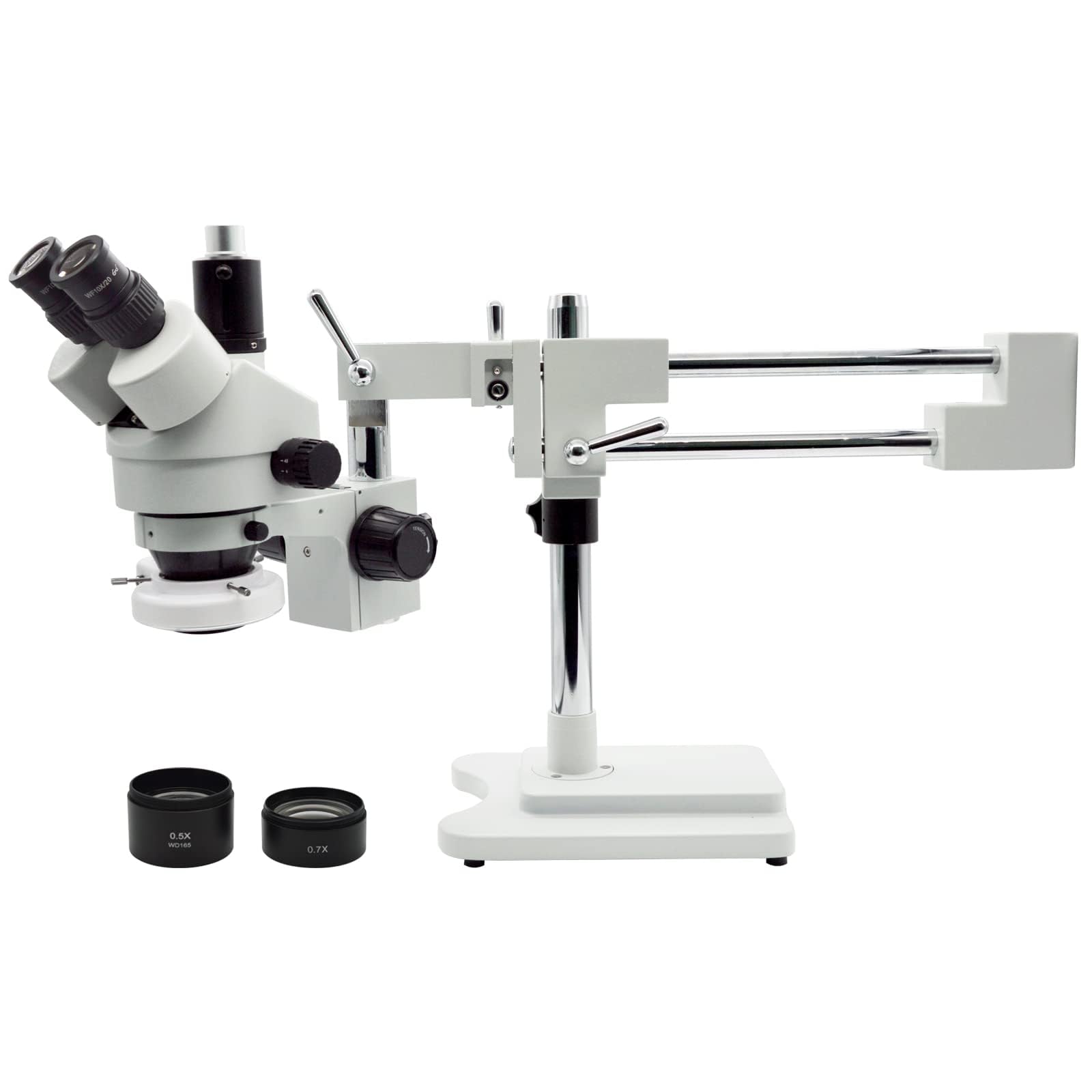 Professional Trinocular Stereo Zoom Microscope, 3.5X-90X Magnification with WF10X Eyepieces, 0.7X-4.5X Zoom Objective and 0.5X & 2.0X Auxiliary Lens, Double-Arm Boom Stand, 56S LED Ring Light
