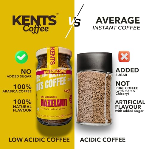 Image of Kents Coffee Hazelnut Instant Coffee (50g) | 100% Arabica Coffee from Chikmagalur | Low Acid Coffee for No Acid Reflux | Real Hazelnut Flavour with No Added Sugar & No Artificial Flavours | Hot & Cold Coffee