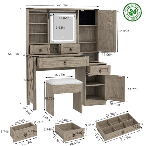 Image of Farmhouse Makeup Vanity Desk with Sliding Mirror and Lights, 42 Wood Vanity Table Set with Glass Top, Power Outlets, Jewelry Storage Cabinet, 4 Drawers, Stool for Country Room Decor, Rustic Oak