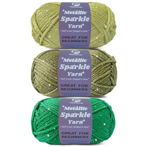 Image of Metallic Sparkle Yarn for Crochet and Knitting with Easy-to-See Stitches, Worsted Weight Medium #4, Beginners Yarn for Amigurumi, Bags, Home Decor (Emerald+Olive+Chartreuse, 3 Pack)