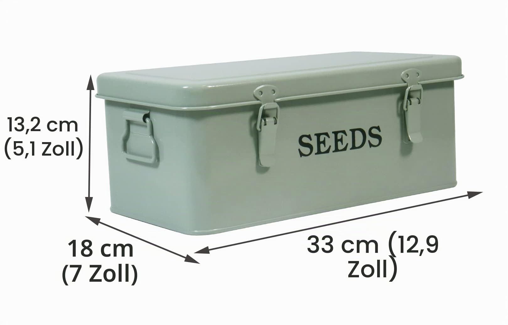 Saatgutbox aus Metall, Samen-Aufbewahrungsbox, Samenumschlag, Samenpaket-Behälter, 4 Fächer, Garten-Samenbehälter mit Sicherheitsverschluss und Deckel (Graugrün)