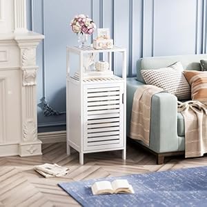 HITNET Bamboo Bathroom Storage Cabinet 4 Tier Small White Floor Cabinet with Single Door Free Standing Slim Narrow Storage Organizer for Bedroom Living Room