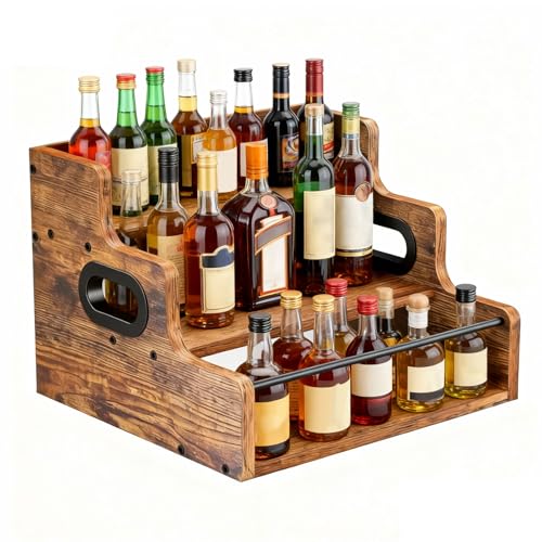 Holzregal für Spirituosenflaschen, Schnapsflaschenregal Retro 3 Stufen Thekenregal für Spirituosen Flaschenregal mit Griffe und Zaun für Wein Weingläser für Kaffeesirup die Hausbar Bar Küche Esszimmer