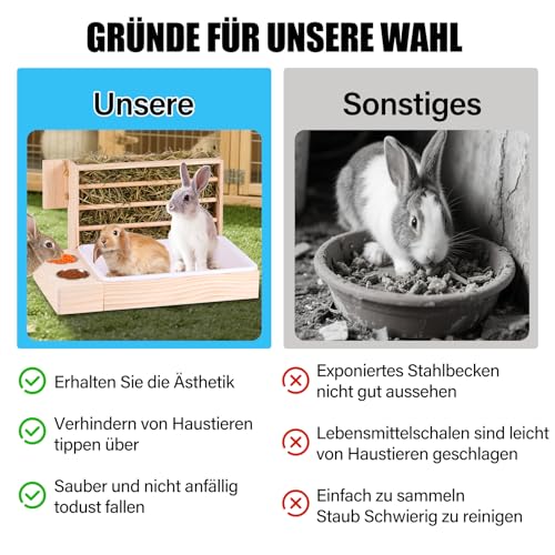 MUALROUS 4 in 1 Großer Kaninchen Heu Feeder mit Katzentoilette Holz Futterautomat aus Holz mit 2 Näpfen Hase Toilette für Kaninchen Meerschweinchen Chinchilla Hase Andere Kleintiere