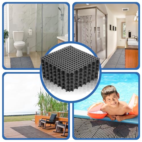 Tinideya 50 Pcs Drainage Interlocking Tiles Dry Deck Tiles 11.8\'\' X 11.8\'\' Interlocking Floor Tiles with Drain Holes, Non Slip TPE Soft Drainage Mats Modular Pool Floor Mat for Bathroom Patio (Black)