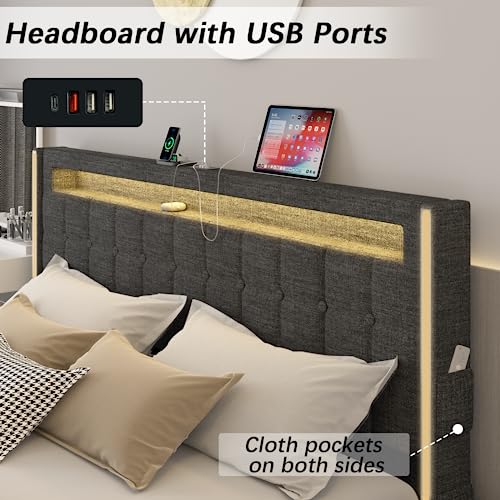 Dnxao Queen Led Bed Frame With Charging Station, Bed Frame Queen Size With Led Lights Headboard Footboard, Upholstered Platform Bed With Adjustable Headboard, No Box Spring Needed, Dark Grey #TOP4