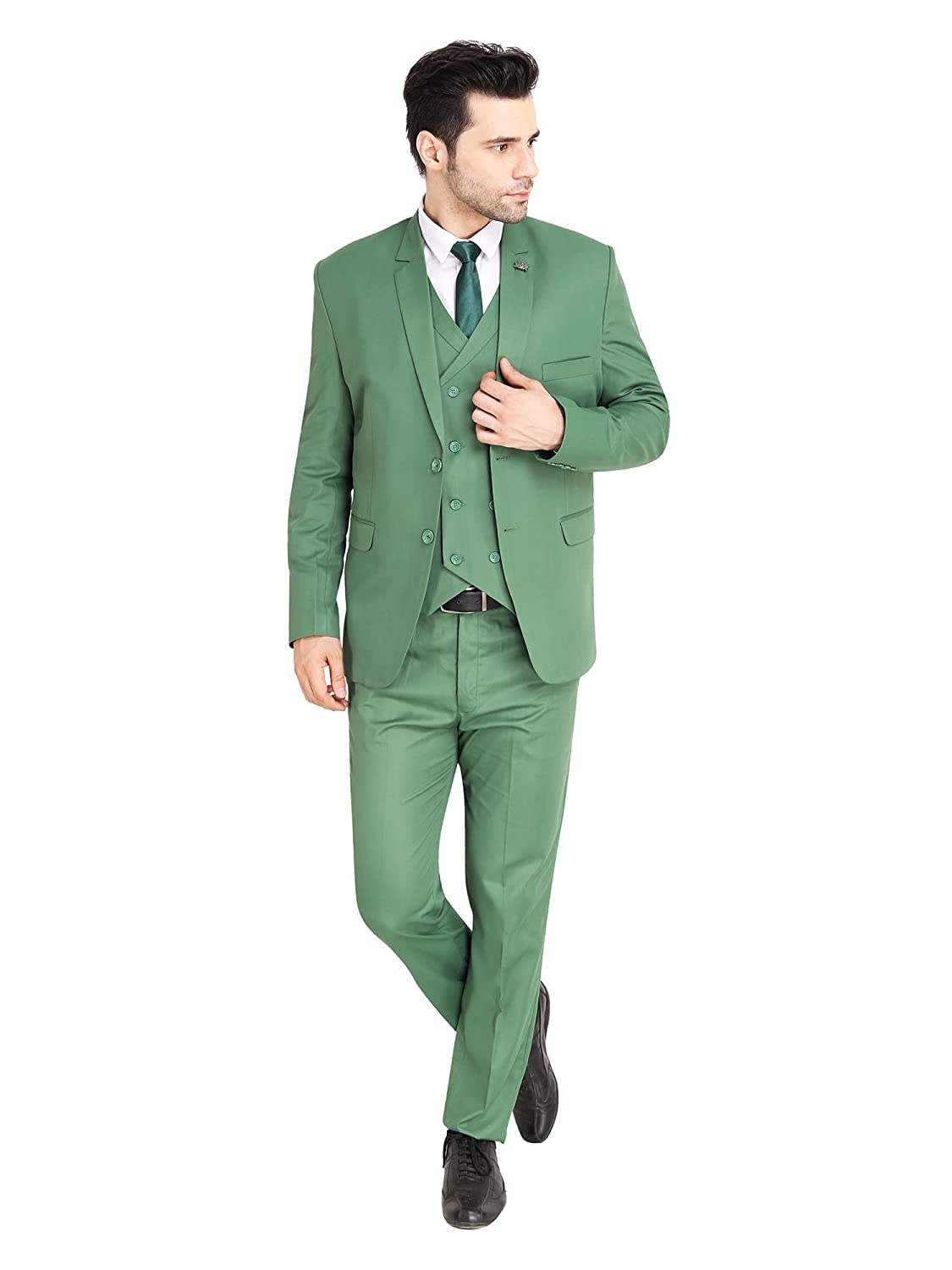 VYOM Enterprise Men's Slim Fit Tuxedo 3 Pieces Suit Set Notch Lapel Suit with Double Breasted Waistcoat Crocodile (34, Oliv Green)-picture-52