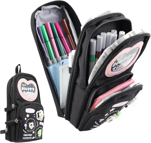 Image of Cute Panda Pencil Pouch for Kids Girls Boys Large Capacity 3 Compartment Pencil Case, Kawaii Stationery Organizer with Zipper, Pen Holder Slots, School Supplies Storage Bag