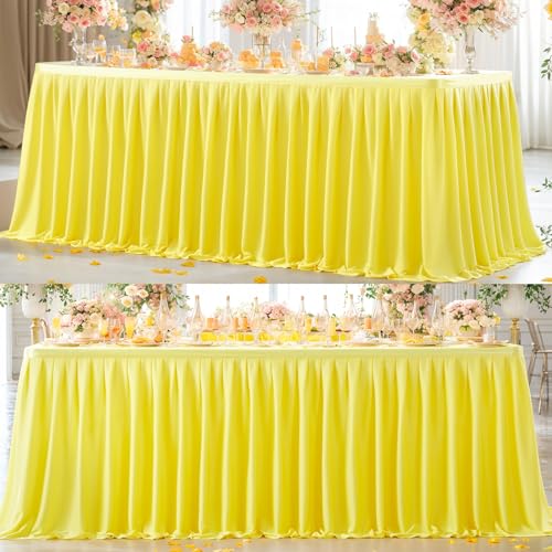 Partisky Yellow Polyester Table Skirt for Rectangle Tables 14ft, Wrinkle Resistant Pleated Ruffle Table Cloth for Banquet Wedding Trade Baby Shower Display Gift Dining Table
