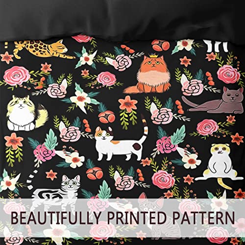 Hommomh Bedding Duvet Cover Set Artistical Cat And Flower Print For Kids, 1 Duvet Cover With 2 Pillowcases, Easy Care, Full Size #TOP3
