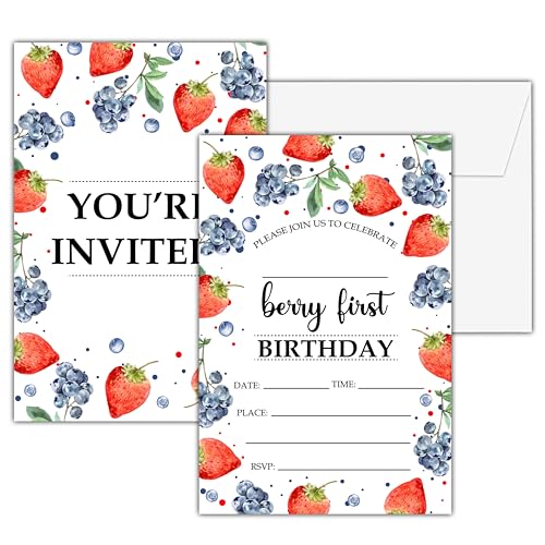 seclate Berry 1st Birthday Invitations, 25 Double-Sided Strawberry Blueberry Party Invitation Cards with 25 Envelopes, Kids Party Invites Celebration Decoration Supplies - A07