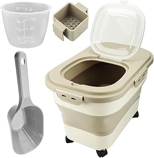 キャスター付きペットフード用ストッカー 大容量 密閉 鮮度維持 多頭飼い (ベージュ)