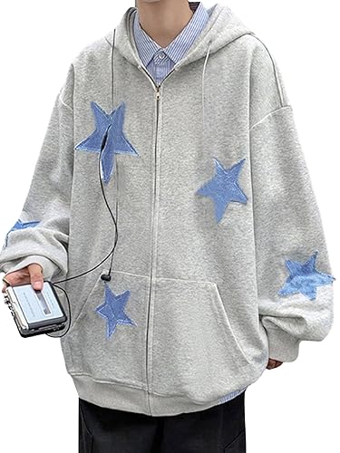 Men Star Print Graphic Shirts Jacket Casual Long Sleeve Jacket Zip Up Sweatshirts Hoodies
