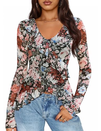 ZESICA Women's Long Sleeve Floral Shirts V Neck Going Out Ruffle Tops Blouses 2025 Fall Fashion Clothes Outfits,Black,Medium