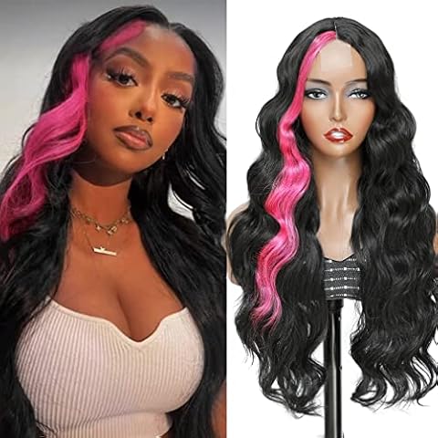 Highlight Pink Skunk Strip wig Long Wavy Synthetic wig for Women Middle Part Body Wave Wigs Natural Looking Synthetic Heat Resistant Wig for Daily Party Use 32" Cover