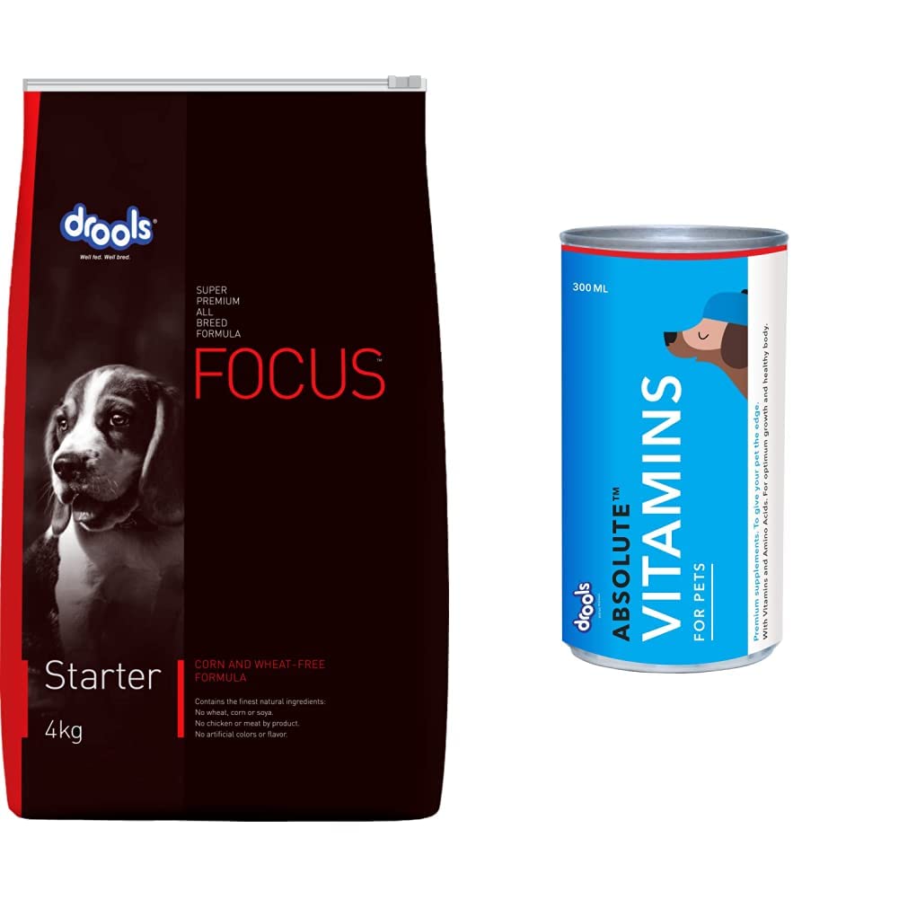 Drools Focus Starter Super Premium Dog Food, 4kg&Drools Absolute Vitamin Syrup- Dog Supplement, 300ml (B0BP5D68WT) Amazon Price History, Amazon Price Tracker