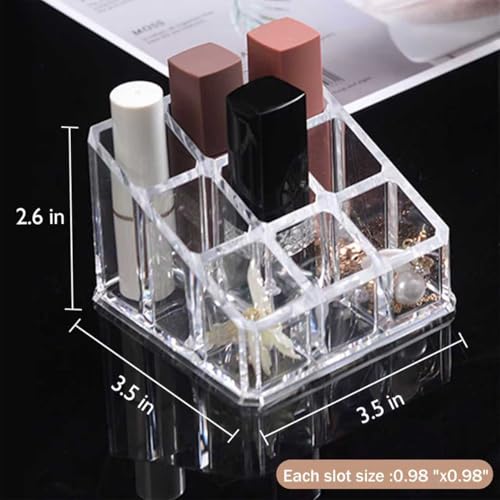 Image of Lipstick Lipgloss Organizer, Clear Acrylic Compact Holder with 9 Slots | Lipstick holder for cosmetic items, fits roller‑ball perfume and essential‑oil bottles, dresser and bathroom countertops