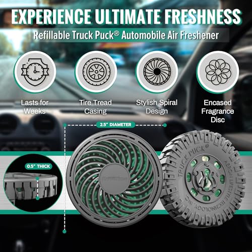 Image of Drive Time Truck Puck Evergreen Fragrance Car Air Freshener - Long-Lasting Car Deodorizer, Refillable Vent & Visor Clip Auto Air Freshener for Car, Truck & SUV, Premium Fragrance, Pack of 3