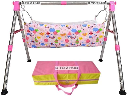 A to Z Hub Stainless Steel Portable and Foldable jhula/ghodiyu/Parna/jhula/thottilu with net Cloth. (Round Pipe Pink)