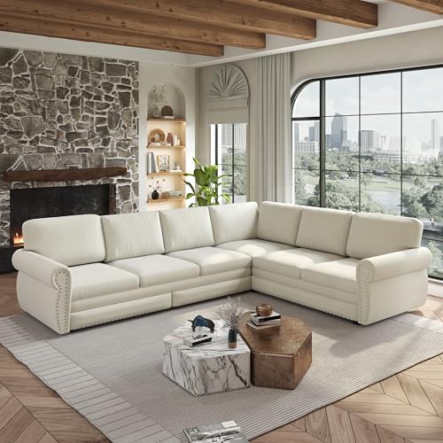 Image of KCGKCG 118 inch Sleeper Sofa Bed, Sectional Couches for Living Room /Apartment, Chenille L Shaped Couch with Pull Out Couch Bed, Convertible Sectional Sofa with Rolled Arm & Nailhead Trim, Beige