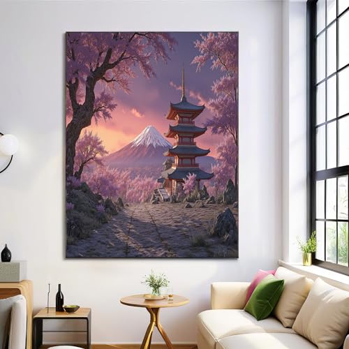 Peinture Mont Fuji paysage japonais fleurs de cerisier rose pour salon