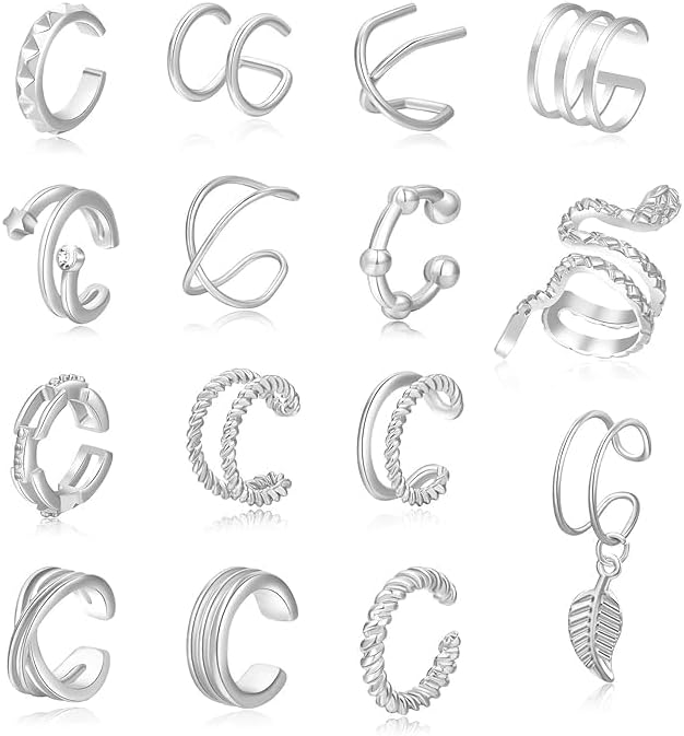 15 Pcs Ear Cuffs Silver for Women Trendy Non Pierced Cuff Earrings Adjustable 14K Fake Wrap Ear Clip on Cartilage Earring Jewelry Set
