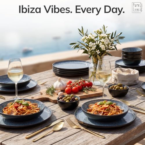 Image of 24 Piece Stoneware Dinnerware Set for 8, Handmade Plates and Bowls Set | Reactive Glaze Coating, Dishwasher & Microwave Safe Dish Set, Chip & Scratch Resistant Dishware Set, Ibiza Smoke Blue