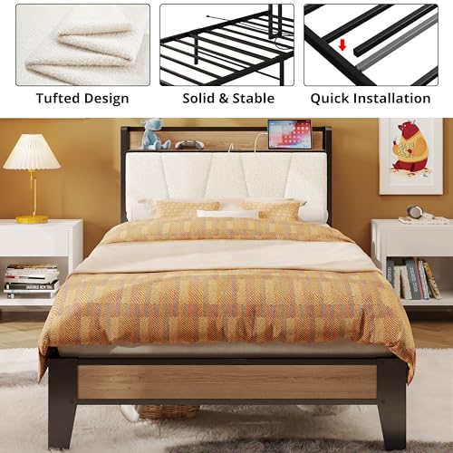 LIKIMIO Twin XL Bed Frames, Storage Headboard with Charging Station, Solid and Stable, Noise Free, No Box Spring Needed, Easy Assembly, Wood and Cream